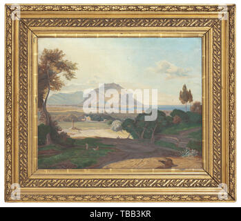 Un paesaggio arcadico con staffage figure, la prima metà del XIX secolo Olio su tela. Illegibly firmato/riportato sulla parte inferiore sinistra. In mezzo le antiche rovine con popolazione contadina. Dietro che un paesaggio urbano, il mare e le montagne. Indistintamente inscritto sul lato inverso. Dimensioni della pittura 60 x 70 cm. Le dimensioni del telaio 81 x 96 cm. In un gilt cornice in gesso. Secondo la tradizione dalla tenuta della Granduchessa Olga Nikolaevna Romanova della Russia (1822 - 1892). storica, storica mondo antico, Additional-Rights-Clearance-Info-Not-Available Foto Stock