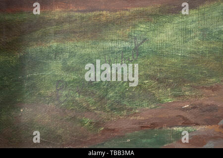 Un paesaggio arcadico con staffage figure, la prima metà del XIX secolo Olio su tela. Illegibly firmato/riportato sulla parte inferiore sinistra. In mezzo le antiche rovine con popolazione contadina. Dietro che un paesaggio urbano, il mare e le montagne. Indistintamente inscritto sul lato inverso. Dimensioni della pittura 60 x 70 cm. Le dimensioni del telaio 81 x 96 cm. In un gilt cornice in gesso. Secondo la tradizione dalla tenuta della Granduchessa Olga Nikolaevna Romanova della Russia (1822 - 1892). storica, storica mondo antico, Additional-Rights-Clearance-Info-Not-Available Foto Stock