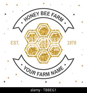 Honey Farm badge. Illustrazione Vettoriale. Concetto di t-shirt, stampare il timbro o il raccordo a t. Vintage design tipografia con miele silhouette. Design retrò per honey bee farm business Illustrazione Vettoriale