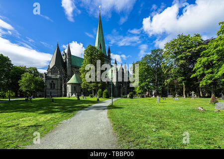 Vista la cattedrale Nidaros (Nidaros Domkirke) in un giorno di estate, la più settentrionale della cattedrale medievale nel mondo, Trondheim, Norvegia Foto Stock