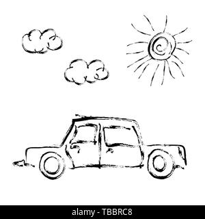 Carino per bambini disegnati a mano auto con sole e nuvole isolato su bianco Illustrazione Vettoriale