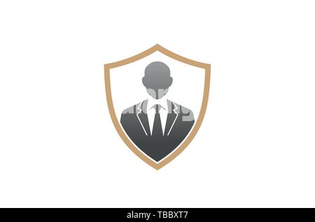Creative Gentelman Agente Tuxedo Shield Logo Design simbolo Vector Illustrazione Illustrazione Vettoriale