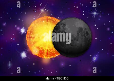 Luminose eclipse realistica sulla colorata viola lo spazio profondo con sfondo luminoso stelle e costellazioni Illustrazione Vettoriale