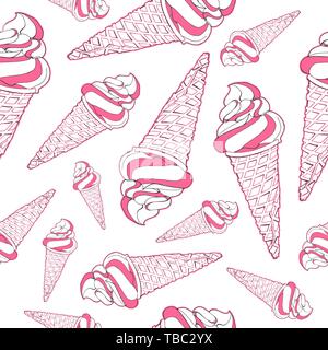 Vector seamless pattern. Infinite texture in rosa e bianco con gelati in cialda coni.Sfondo con gelati isolato su un bianco Illustrazione Vettoriale