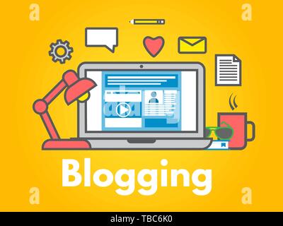 Concetto di blog su sfondo giallo. Computer portatile con icone. Social media sharing. Post del blog piatto stile linea. Business Design. Alla moda di illustrazione vettoriale Illustrazione Vettoriale