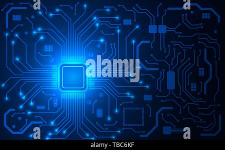 Chip della CPU e scheda a circuito stampato. Blu sullo sfondo del microprocessore. La scheda madre del computer. Collegamenti luminoso. Luce astratta sfondo tecnologico. Ve alla moda Illustrazione Vettoriale