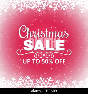 Natale vendita poster con i fiocchi di neve. Iscrizione in bianco su sfondo rosso. Inverno vendita banner. Illustrazione Vettoriale. Illustrazione Vettoriale