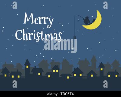 Notte città Natale, Babbo Natale con i doni sulla luna, Buon Natale Illustrazione Vettoriale