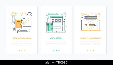 Servizi di progettazione - set lineare verticale banner web Illustrazione Vettoriale