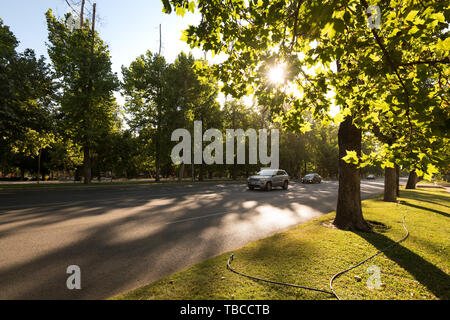 Santiago, Regione Metropolitana, Cile - il traffico nel Parco Forestal presso il centro cittadino con una impostazione sun. Foto Stock