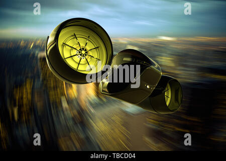 3D rendering di una nave futuristica sorvolando una città illuminata Foto Stock