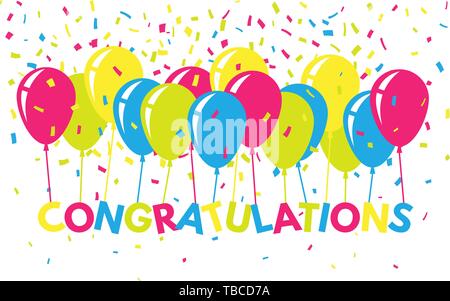 Congratulazioni colorato con coriandoli e palloncini. Saluto piana banner. Testo luminoso per il sito web, poster, card. Concetto di congratulazioni. Vector illus Illustrazione Vettoriale