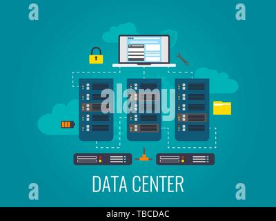 Il centro dati. Le tecnologie cloud concetto. Server Computer design. Web hosting e cloud database. Grande il flusso dei dati di elaborazione. Illustrazione Vettoriale. Illustrazione Vettoriale