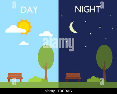 Giorno e notte concetto. Il sole e la luna. Albero e banco in buone condizioni meteorologiche. Cielo con le nuvole in stile appartamento. Periodi diversi per mobile app sfondi. Illustrazione Vettoriale