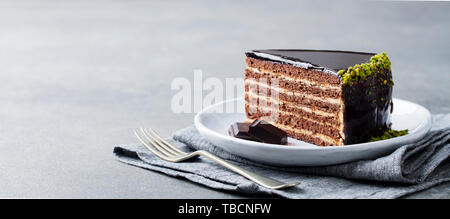 Torta al cioccolato su una piastra bianca. Grigio pietra dello sfondo. Copia dello spazio. Foto Stock