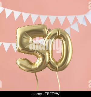 Felice cinquantesimo compleanno celebrazione pallone d'oro e pavese. 3D Render Foto Stock