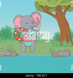 Graziosi animali elefante godendo le vacanze estive, relax tempo libero outdoor cartoon illustrazione vettoriale graphic design Illustrazione Vettoriale