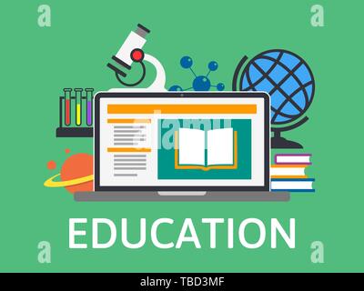 Online Istruzione e formazione. L'E-learning concetto. La moderna tecnologia del design. Prenota online. Piatto concetto vettoriale dell'istruzione. Illustrazione Vettoriale