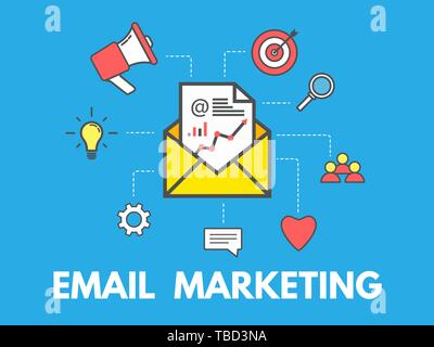 E-mail marketing concetto su sfondo blu. La posta elettronica campagna pubblicitaria. Busta con icone di business. Newsletter design per banner web o. Vector illu Illustrazione Vettoriale