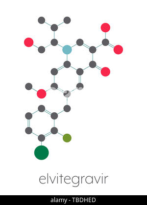 Elvitegravir HIV farmaco di trattamento (l'integrasi inibitore molecola). Stilizzata di scheletro di formula (struttura chimica). Gli atomi sono mostrati come codificati per colore cerchi collegati da legami sottili, su sfondo bianco: idrogeno (nascosto), carbonio (grigio), Azoto (blu), Ossigeno (rosso), cloro (verdi), fluoro (verde). Foto Stock