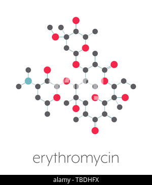 Eritromicina farmaci antibiotici (classe di macrolidi molecola). Stilizzata di scheletro di formula (struttura chimica). Gli atomi sono mostrati come codificati per colore cerchi collegati da legami sottili, su sfondo bianco: idrogeno (nascosto), carbonio (grigio), Azoto (blu), Ossigeno (rosso). Foto Stock