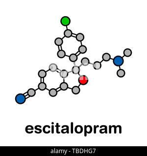 Escitalopram farmaco antidepressivo (SSRI classe molecola). Stilizzata di scheletro di formula (struttura chimica). Gli atomi sono mostrati come codificati per colore cerchi con spessi contorni neri e legami idrogeno (nascosto), carbonio (grigio), Azoto (blu), Ossigeno (rosso), il fluoro (verde) Foto Stock