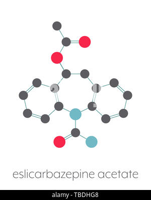 Eslicarbazepine acetato epilessia molecola di farmaco. Stilizzata di scheletro di formula (struttura chimica). Gli atomi sono mostrati come codificati per colore cerchi collegati da legami sottili, su sfondo bianco: idrogeno (nascosto), carbonio (grigio), Ossigeno (rosso), Azoto (blu). Foto Stock