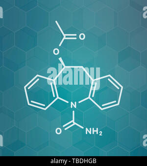 Eslicarbazepine acetato epilessia molecola di farmaco. Bianco formula scheletrico sul verde acqua scuro gradiente dello sfondo con configurazione esagonale. Foto Stock