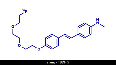 Radiofarmaco Florbetaben molecola. Utilizzata per l'imaging di beta-amiloide placche nella malattia di Alzheimer da PET. Blu formula scheletrico su sfondo bianco. Foto Stock