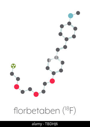 Radiofarmaco Florbetaben molecola. Utilizzata per l'imaging di beta-amiloide placche nella malattia di Alzheimer da PET. Stilizzata di scheletro di formula (struttura chimica). Gli atomi sono mostrati come codificati per colore cerchi collegati da legami sottili, su sfondo bianco: idrogeno (nascosto), carbonio (grigio), Ossigeno (rosso), Azoto (blu), il fluoro (verde). Foto Stock