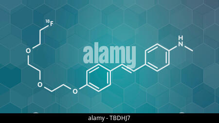 Radiofarmaco Florbetaben molecola. Utilizzata per l'imaging di beta-amiloide placche nella malattia di Alzheimer da PET. Bianco formula scheletrico sul verde acqua scuro gradiente dello sfondo con configurazione esagonale. Foto Stock