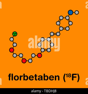 Radiofarmaco Florbetaben molecola. Utilizzata per l'imaging di beta-amiloide placche nella malattia di Alzheimer da PET. Stilizzata di scheletro di formula (struttura chimica). Gli atomi sono mostrati come codificati per colore cerchi con spessi contorni neri e legami idrogeno (nascosto), carbonio (grigio), Ossigeno (rosso), Azoto (blu), il fluoro (verde). Foto Stock