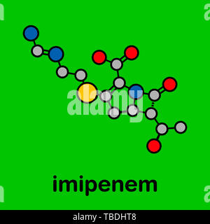 L'imipenem antibiotico molecola di farmaco. Appartiene alla classe di carbapenemici. Stilizzata di scheletro di formula (struttura chimica). Gli atomi sono mostrati come codificati per colore cerchi con spessi contorni neri e legami idrogeno (nascosto), carbonio (grigio), Ossigeno (rosso), Azoto (blu), zolfo (giallo). Foto Stock