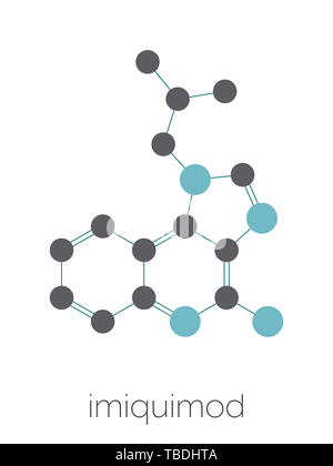 Imiquimod topico del cancro della pelle molecola di farmaco. Stilizzata di scheletro di formula (struttura chimica). Gli atomi sono mostrati come codificati per colore cerchi collegati da legami sottili, su sfondo bianco: idrogeno (nascosto), carbonio (grigio), Azoto (blu). Foto Stock