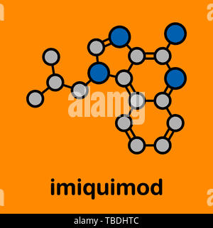 Imiquimod topico del cancro della pelle molecola di farmaco. Stilizzata di scheletro di formula (struttura chimica). Gli atomi sono mostrati come codificati per colore cerchi con spessi contorni neri e legami idrogeno (nascosto), carbonio (grigio), Azoto (blu). Foto Stock