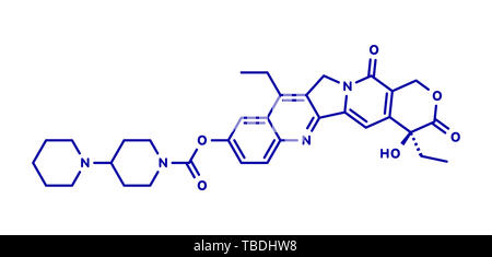 Irinotecano chemioterapia cancro molecola di farmaco. Blu formula scheletrico su sfondo bianco. Foto Stock