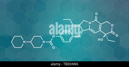 Irinotecano chemioterapia cancro molecola di farmaco. Bianco formula scheletrico sul verde acqua scuro gradiente dello sfondo con configurazione esagonale. Foto Stock