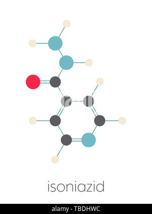 Isoniazid (isonicotinylhydrazine, INH) tubercolosi antibiotico molecola di farmaco. Stilizzata di scheletro di formula (struttura chimica). Gli atomi sono mostrati come codificati per colore cerchi collegati da legami sottili, su sfondo bianco: idrogeno (beige), carbonio (grigio), Azoto (blu), Ossigeno (rosso). Foto Stock