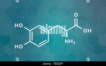 L-dopa (levodopa) morbo di Parkinson molecola di farmaco. Bianco formula scheletrico sul verde acqua scuro gradiente dello sfondo con configurazione esagonale. Foto Stock