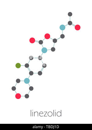 Linezolid farmaci antibiotici (ossazolidinone classe molecola). Stilizzata di scheletro di formula (struttura chimica). Gli atomi sono mostrati come codificati per colore cerchi collegati da legami sottili, su sfondo bianco: idrogeno (nascosto), carbonio (grigio), Azoto (blu), Ossigeno (rosso), il fluoro (verde). Foto Stock