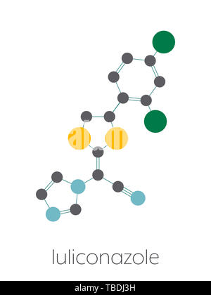 Luliconazole farmaco antifungino molecola. Stilizzata di scheletro di formula (struttura chimica). Gli atomi sono mostrati come codificati per colore cerchi collegati da legami sottili, su sfondo bianco: idrogeno (nascosto), carbonio (grigio), zolfo (giallo), Azoto (blu), cloro (verde). Foto Stock