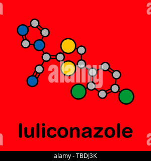 Luliconazole farmaco antifungino molecola. Stilizzata di scheletro di formula (struttura chimica). Gli atomi sono mostrati come codificati per colore cerchi con spessi contorni neri e legami idrogeno (nascosto), carbonio (grigio), zolfo (giallo), Azoto (blu), cloro (verde). Foto Stock