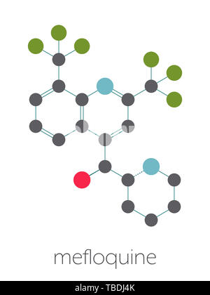 Mefloquine malaria molecola di farmaco. Stilizzata di scheletro di formula (struttura chimica). Gli atomi sono mostrati come codificati per colore cerchi collegati da legami sottili, su sfondo bianco: idrogeno (nascosto), carbonio (grigio), Azoto (blu), Ossigeno (rosso), il fluoro (verde). Foto Stock