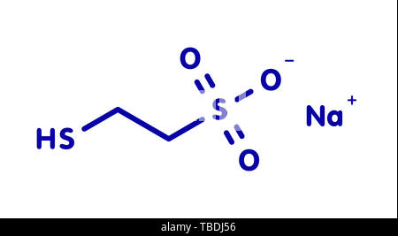 Il Mesna chemioterapia adiuvante e farmaco mucolitico molecola. Blu formula scheletrico su sfondo bianco. Foto Stock