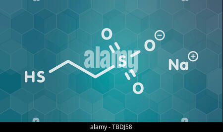 Il Mesna chemioterapia adiuvante e farmaco mucolitico molecola. Bianco formula scheletrico sul verde acqua scuro gradiente dello sfondo con configurazione esagonale. Foto Stock