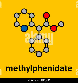 Il metilfenidato attenzione ed iperattività (ADHD) molecola di farmaco. Stilizzata di scheletro di formula (struttura chimica). Gli atomi sono mostrati come codificati per colore cerchi con spessi contorni neri e legami idrogeno (nascosto), carbonio (grigio), Azoto (blu), Ossigeno (rosso) Foto Stock