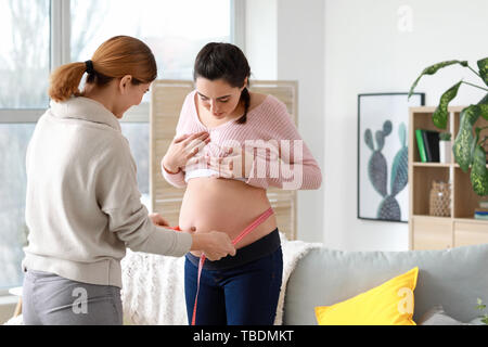 Doula (misurazione ventre della donna incinta a casa Foto Stock