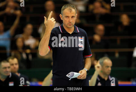 Novi Sad Serbia. 31 Maggio, 2019. La Serbia il capo allenatore Nikola Grbic gesti durante il volley maschile di nazioni League match tra Serbia e Giappone a Novi Sad Serbia, il 31 maggio 2019. Il Giappone ha vinto 3-1. Credito: Predrag Milosavljevic/Xinhua/Alamy Live News Foto Stock