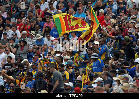 Cardiff, Galles, UK. 1 giugno 2019, Sophia Gardens Cardiff, Cardiff, Galles ; ICC di Coppa del Mondo di cricket test match, Nuova Zelanda versus Sri Lanka; Sri Lanka ventole bandiere d'onda nella folla Foto Stock