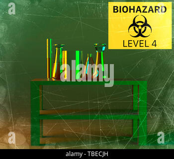 Laboratorio e biohazards studio, analisi e test con recipienti e contenitori per liquidi su un tavolo. Virus e batteri, 3D render Foto Stock